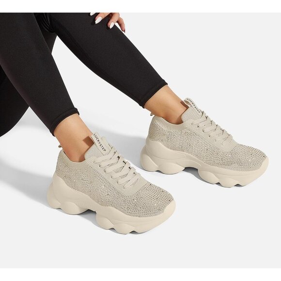 Lucky Step Women's Beige Rhinestone Sneaker Chunky Sparkly Bling Mesh Slip on - Picture 8 of 9